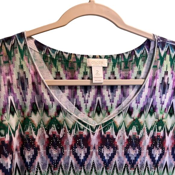 Chico's Women's Multicolor Geometric V- Neck Short Sleeve Blouse Tops Size 2 - Picture 2 of 13
